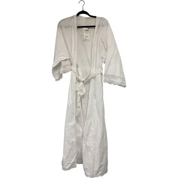 Zara Home Womens Cotton Robe Medium M Tie Waist Lace trim Classic 8148/434 NWT - Picture 1 of 11